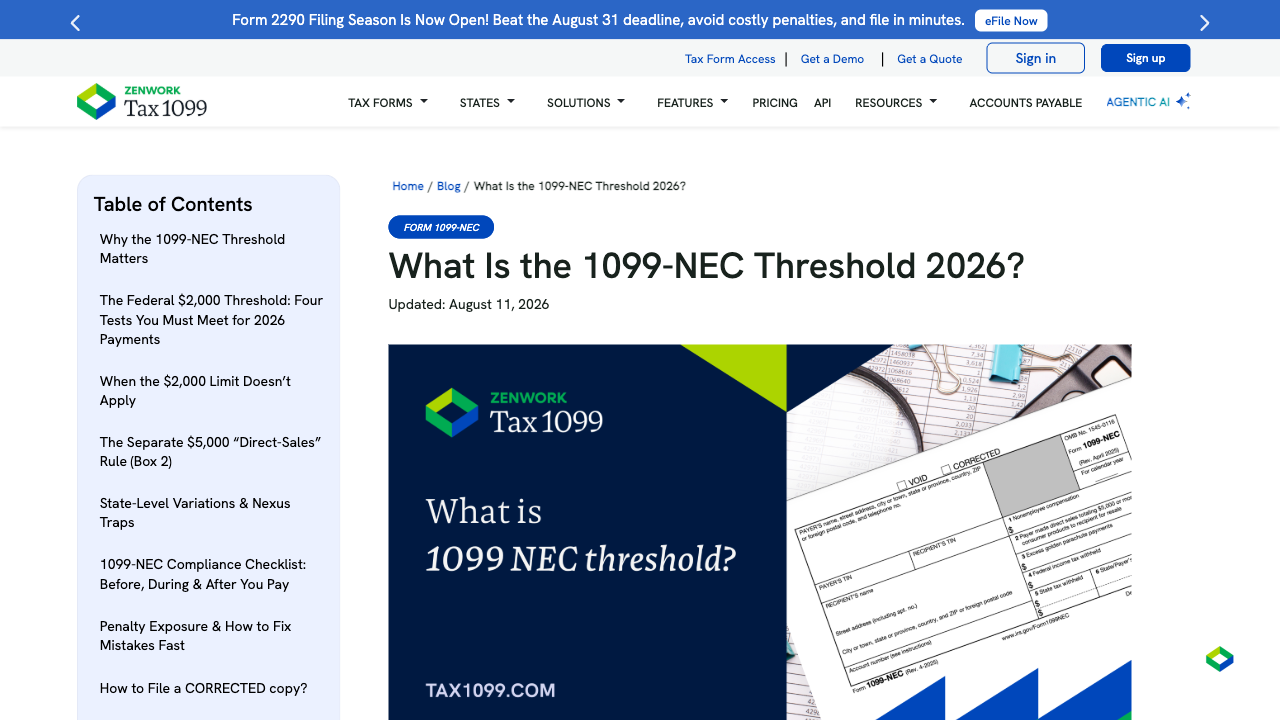 Screenshot of an accounting industry guide confirming the 2026 1099-NEC threshold change to $2,000