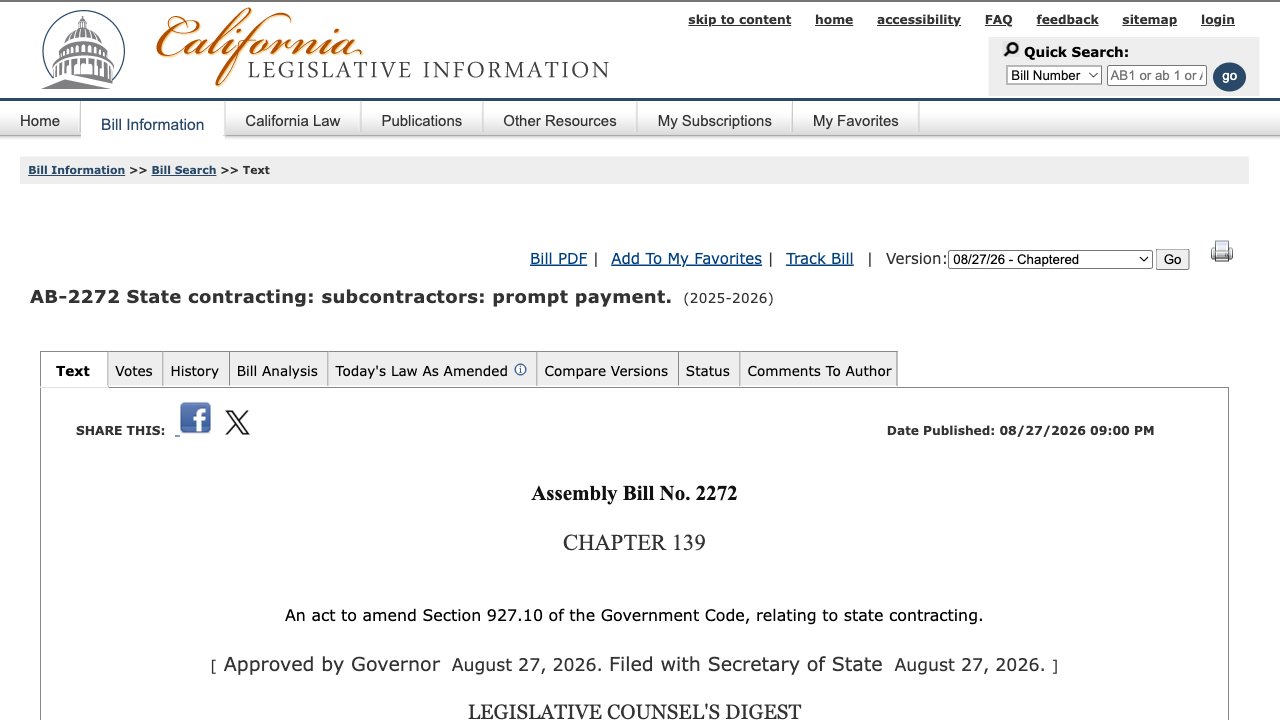 California AB-2272 bill text on the state legislature's site, showing it approved by the Governor and filed with the Secretary of State on August 27, 2026