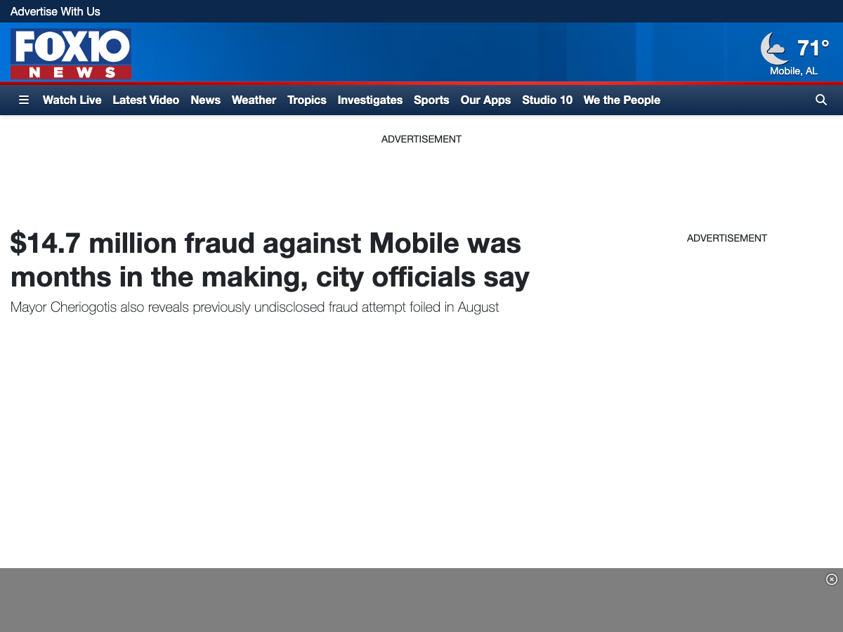 Screenshot of the FOX10 News report on the $14.7 million fraud against the City of Mobile