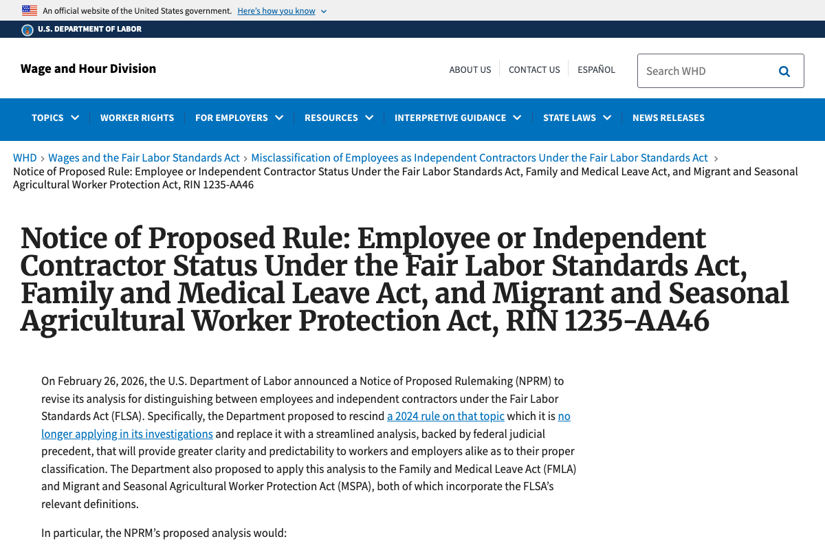Screenshot of the Labor Department's page for its 2026 proposed rule on employee or independent contractor status