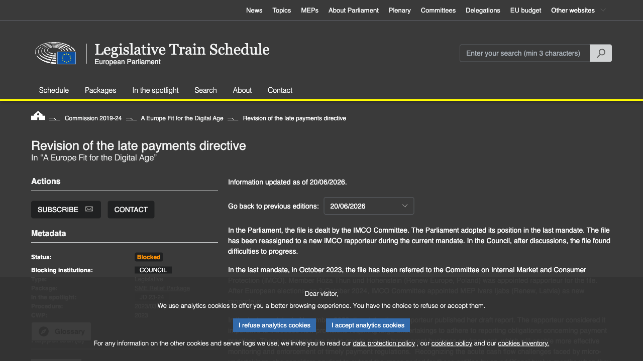 The European Parliament's Legislative Train Schedule page for the late payments directive revision, showing the file's status as Blocked with the Council listed as the blocking institution