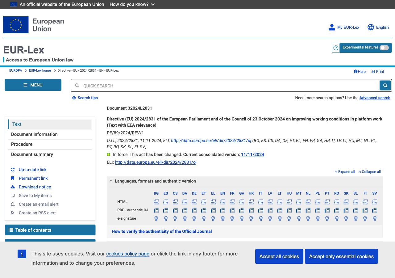 The EUR-Lex Official Journal entry for Directive (EU) 2024/2831, showing its adoption date and transposition reference