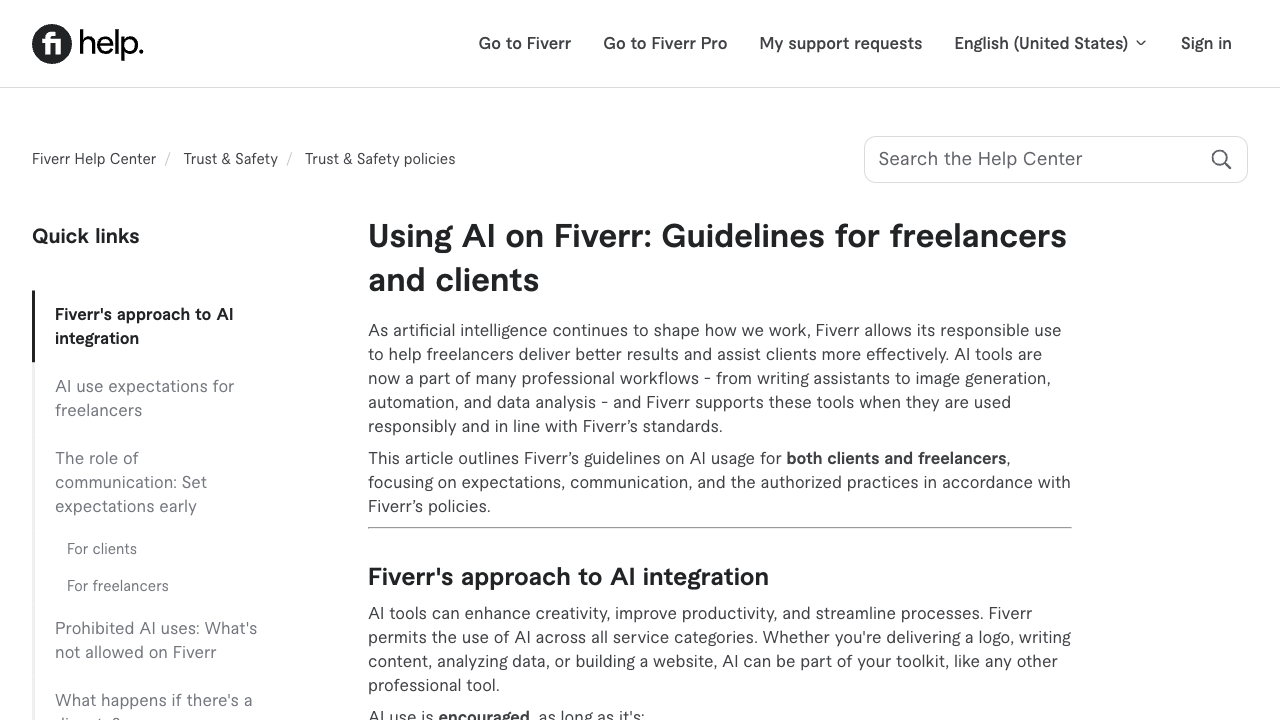 Fiverr Help Center article, "Using AI on Fiverr: Guidelines for freelancers and clients"