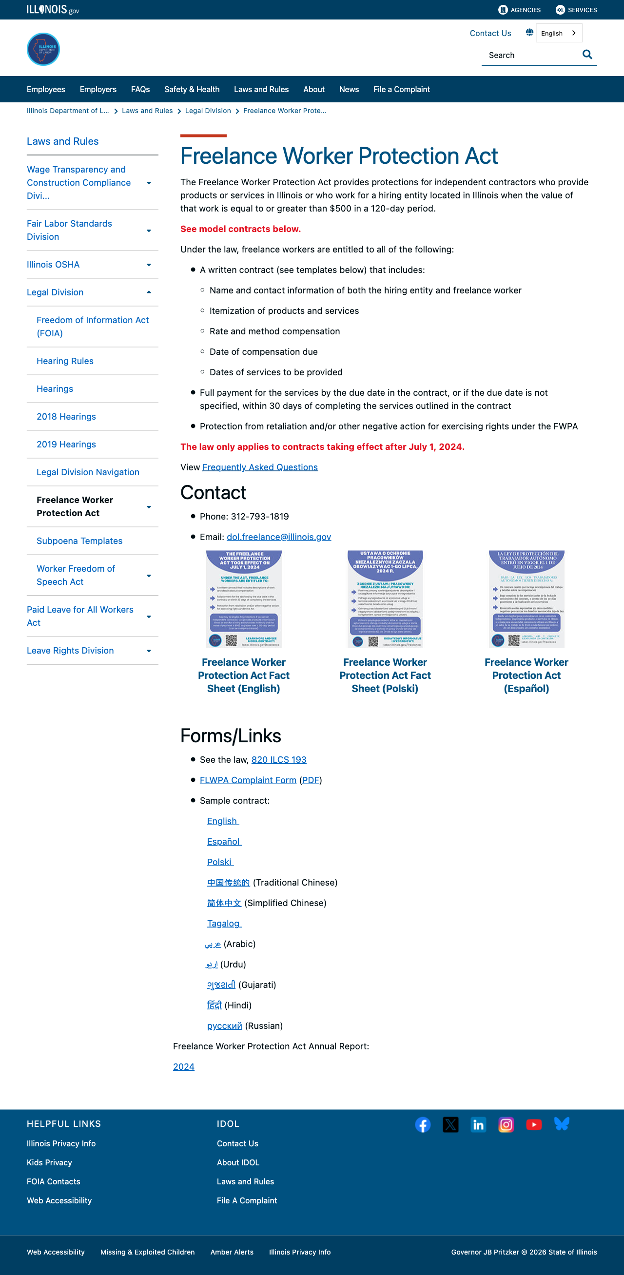Illinois Department of Labor's Freelance Worker Protection Act page, listing the five required written-contract elements and confirming the law applies to contracts taking effect after July 1, 2024