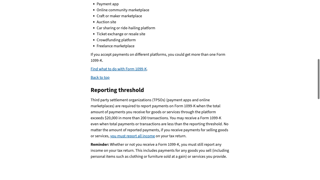 IRS Form 1099-K guidance page showing the reporting threshold at $20,000 and more than 200 transactions, with a reminder that income must be reported regardless of whether a 1099-K is issued