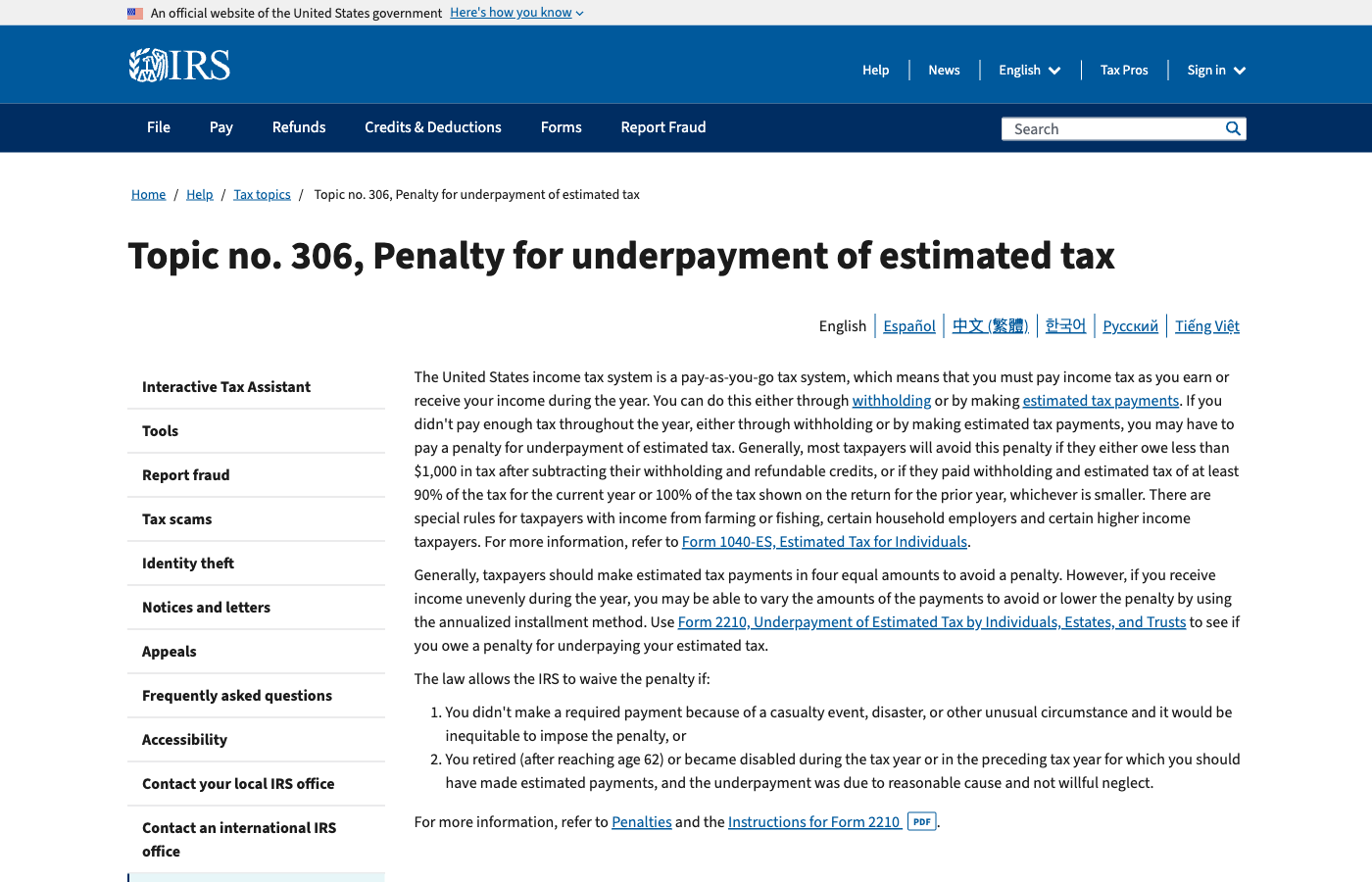 Screenshot of the IRS Topic 306 page describing the underpayment penalty and the safe harbor thresholds