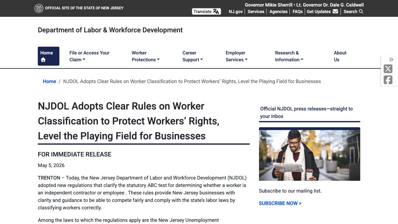 NJDOL's May 5, 2026 press release announcing the finalized worker classification rules