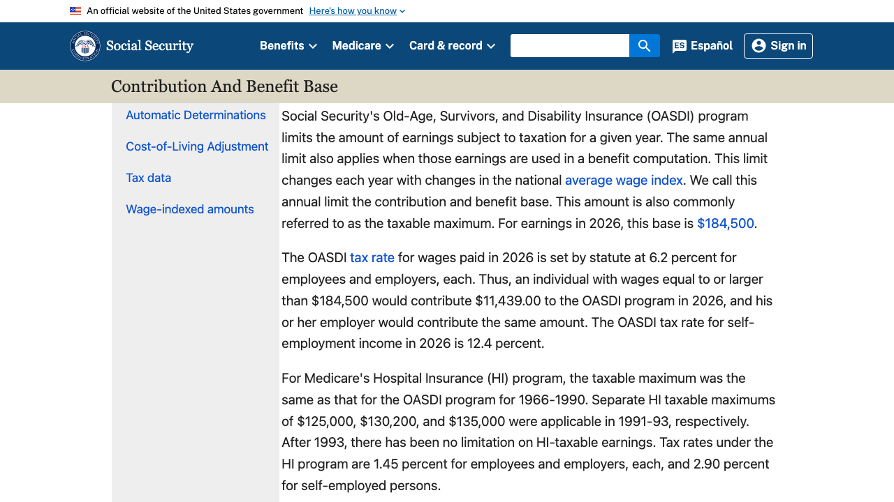 Screenshot of the Social Security Administration's contribution and benefit base page confirming the 2026 wage base of $184,500