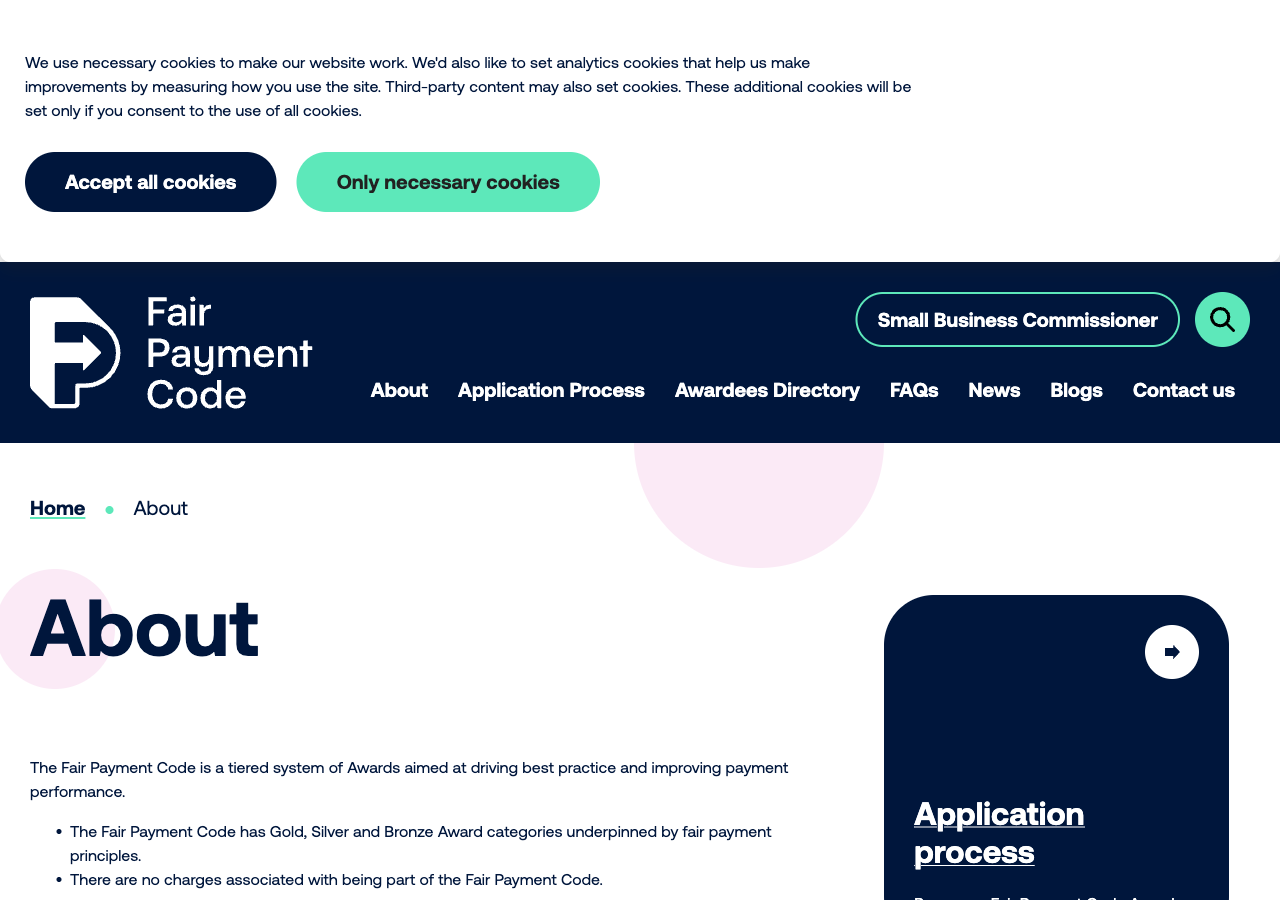 The Small Business Commissioner's Fair Payment Code about page, describing the tiered Gold, Silver, and Bronze Award system with no application fee