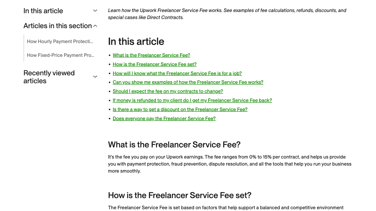 Upwork's Freelancer Service Fee help page, showing the fee range of 0 to 15 percent per contract