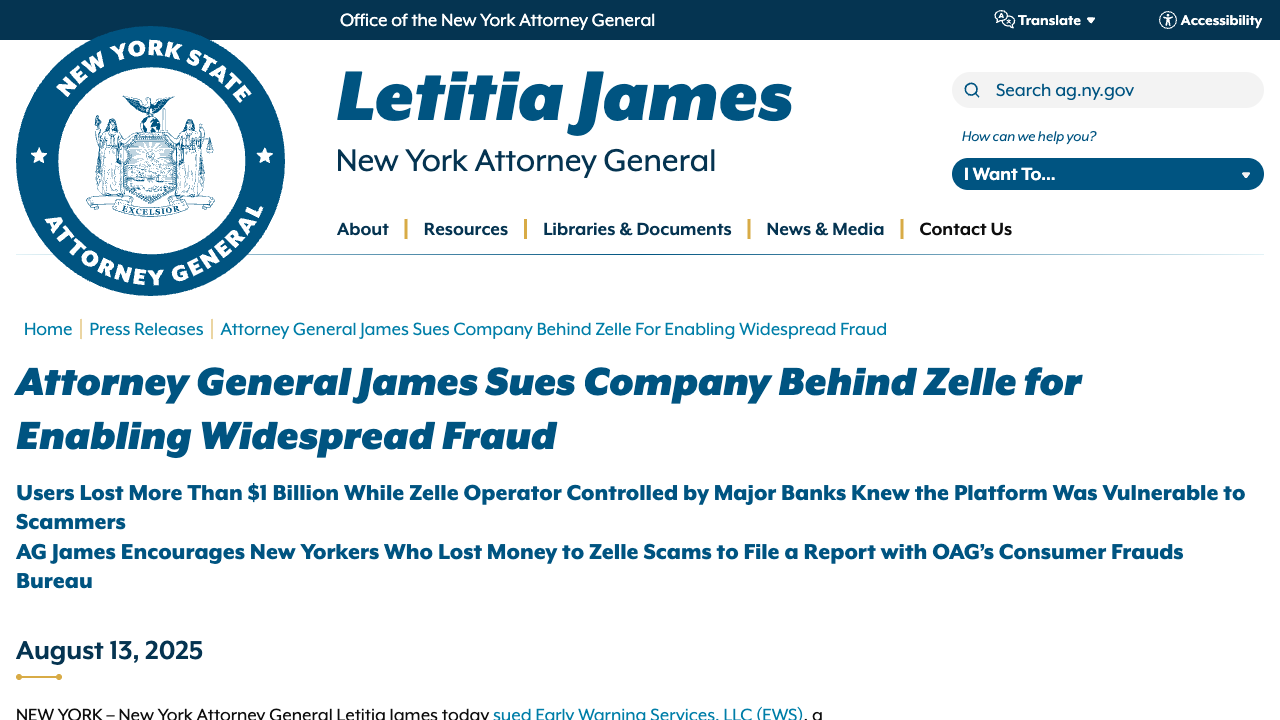 Screenshot of the New York Attorney General's press release announcing the lawsuit against Zelle's operator, Early Warning Services