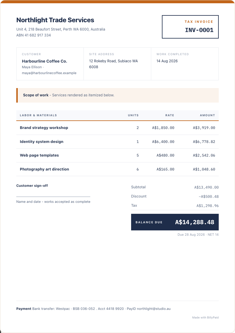 Trade & Service invoice template preview